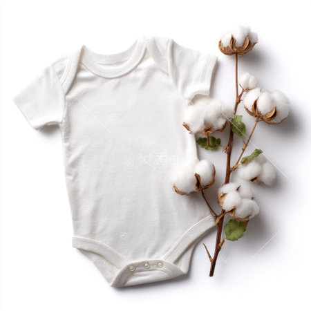 Capture the essence of baby fashion with this soft white onesie alongside a cotton branch, perfect for newborn photography and apparel showcases.の素材
