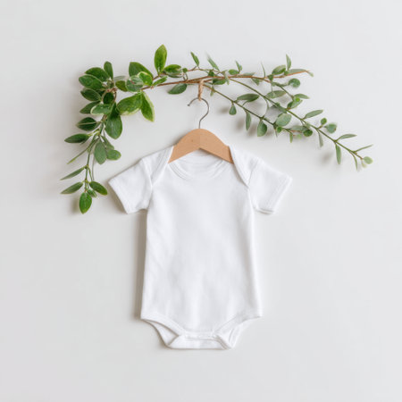 A minimalist composition featuring a white baby bodysuit hanging on a wooden hanger, surrounded by fresh greenery. Ideal for nursery styling or gift ideas.の素材