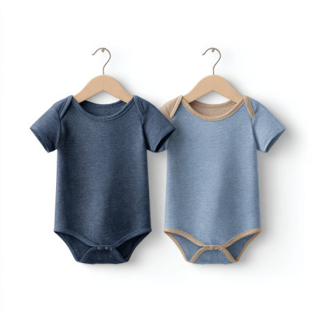 This image features a gentle set of two baby bodysuits in soft blue shades, ideal for newborn fashion. Perfect for apparel collections, these cute outfits exhibit comfort and style.の素材