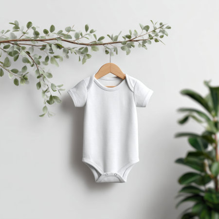 A simple, white baby onesie is elegantly displayed on a wooden hanger, set against a minimalist background adorned with soft greenery, perfect for showcasing baby fashion.の素材