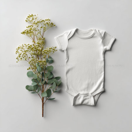 A minimalist composition featuring a plain white baby bodysuit alongside a beautiful eucalyptus branch on a soft background. Perfect for creative design and branding.の素材