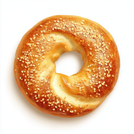 A freshly baked sesame bagel sits on a clean white background, showcasing its golden color and inviting texture. Ideal for food-related projects.の素材
