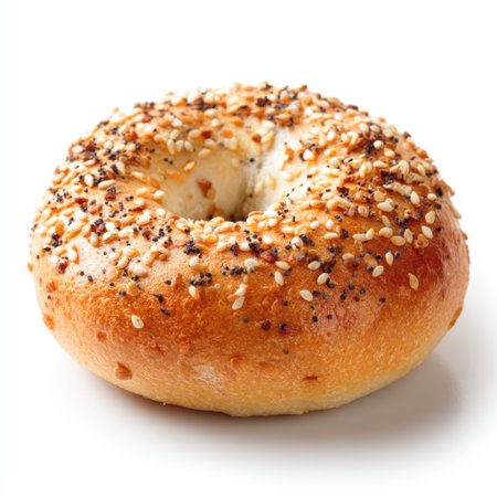 This image showcases a freshly baked bagel topped with sesame and poppy seeds, presenting a delicious and versatile breakfast option for any meal.の素材