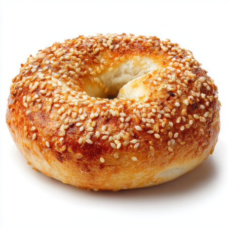 A close-up of a freshly baked sesame bagel on a white background, showcasing its golden crust and unique texture, perfect for breakfast or snacks.の素材