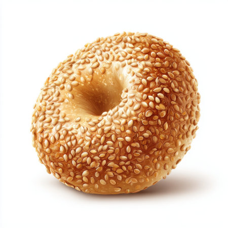 A beautifully styled bagel topped with crunchy sesame seeds resting on a soft golden surface, perfect for showcasing delicious breakfast options or bakery delights.の素材