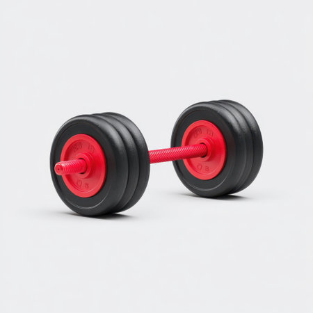 A black and red dumbbell on a gray background ideal for fitness enthusiasts. This equipment symbolizes strength training and promotes active lifestyles.の素材