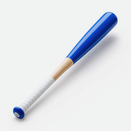 A vibrant blue baseball bat features a smooth wooden handle with a white grip, ideal for training sessions or sports games. Perfect for athletes.の素材