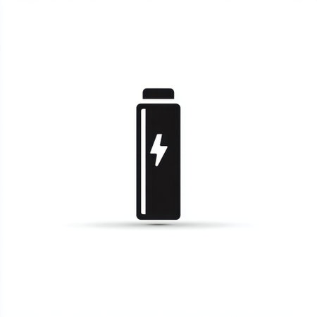 This image features a minimalist black battery icon with a lightning bolt on a white background, perfect for concepts related to energy, technology, and power management.の素材
