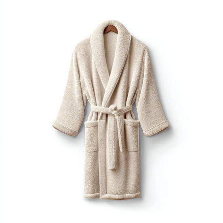 A cozy beige bathrobe hangs gracefully on a wooden hanger, showcasing its soft texture and minimalist design, perfect for relaxation and comfort.の素材