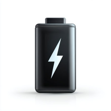 A striking black battery with a lightning bolt symbol, symbolizing energy and power in technology and minimal design against a clean white background.の素材