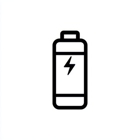 This minimalistic black and white battery icon showcases a charging level and energy symbol, ideal for technology and design-related artwork.の素材