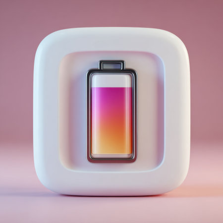 A stylish battery icon featuring a vibrant gradient design, set against a soft pink background. This modern representation captures the essence of energy and technology.の素材