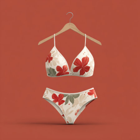 This stunning floral print swimwear set showcases a stylish bikini top and matching bottom on a hanger, perfect for summer fashion displays and promotions.の素材