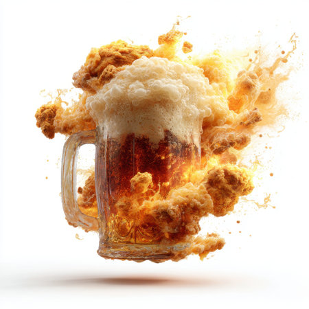 A dramatic explosion of foam and bubbles erupts from a beer mug, capturing the essence of fun and celebration in a stunning visual display.の素材
