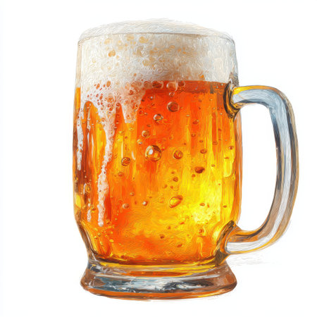 A beautifully rendered frosted mug filled with golden amber beer, topped with a rich layer of frothy foam, perfect for summer celebrations.の素材