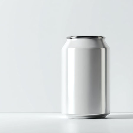 This image features a blank aluminum can placed on a minimalist white background, ideal for product branding and design mockups. Use for promotions.の素材