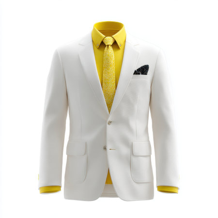 This image showcases an elegant white suit paired with a vibrant yellow shirt and tie, perfect for modern events and stylish occasions.の素材