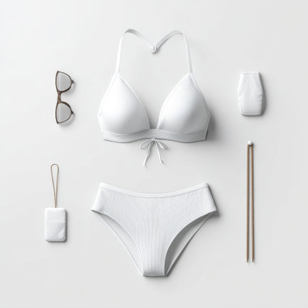 This flat lay features a minimalist white bikini alongside stylish accessories on a clean background, capturing a fresh summer vibe perfect for beach days and sunbathing.の素材
