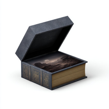 An opened book reveals a stunning landscape image inside, blending literature with imaginative art. This surreal concept captures creativity and storytelling.の素材