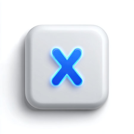 This image features a stylish blue glowing "X" icon set against a smooth white background, symbolizing digital communication and modern design elements.の素材