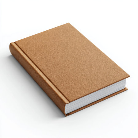 A simple brown hardcover book featuring a textured leather cover and blank pages, perfect for creative design, education, and literary themes.の素材
