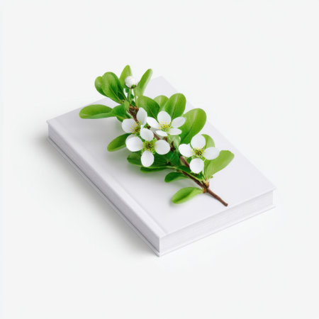 A serene composition featuring fresh green leaves and delicate white flowers artfully placed on a modern minimalist book cover. The scene exudes tranquility and creativity, making it ideal for nature-inspired projects or publications.の素材