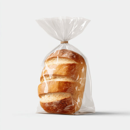 This image showcases a freshly baked loaf of bread, neatly wrapped in a clear plastic bag, ideal for food storage or display. The crusty exterior and inviting aroma make it a perfect addition to any meal.の素材