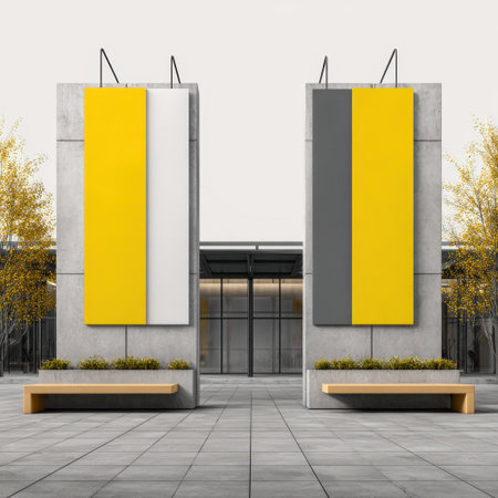 A captivating view of a modern architectural design showcasing bold color panels set against a serene urban backdrop, emphasizing minimalism.の素材