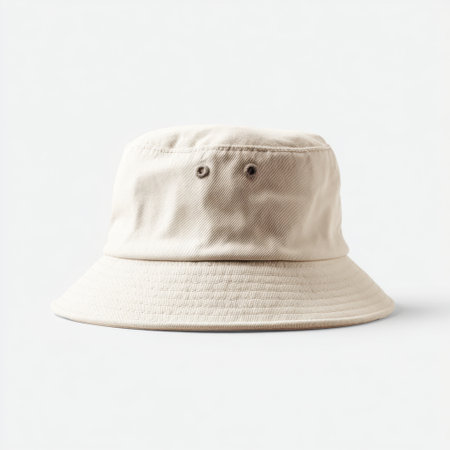 A stylish light beige bucket hat displayed against a plain background, perfect for casual summer outings and everyday fashion. Ideal for various activities.の素材