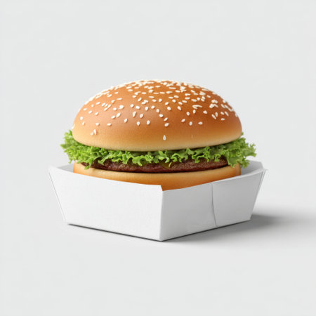 A beautifully presented hamburger featuring a sesame seed bun and fresh lettuce, perfect for food photography. Captured against a light background, this dish embodies fast food indulgence.の素材