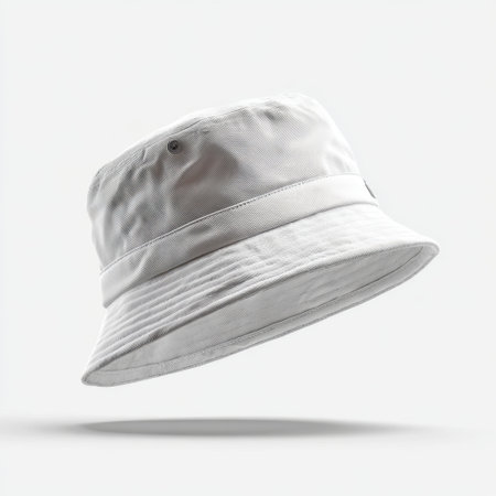 A fresh and stylish white bucket hat is showcased against a plain background. This versatile accessory is perfect for summer outings and outdoor adventures.の素材