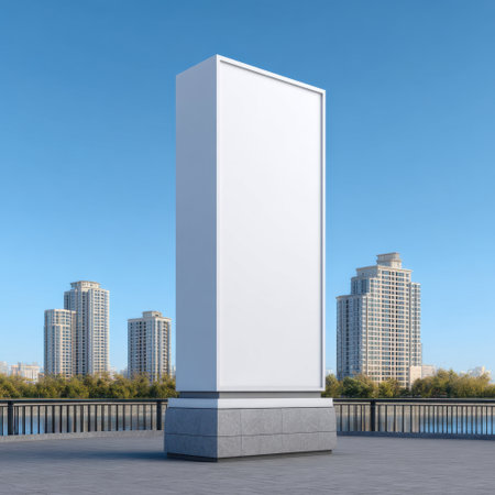 A large blank advertisement billboard stands prominently at the waterfront, surrounded by modern buildings and a serene river view, presenting endless marketing possibilities.の素材