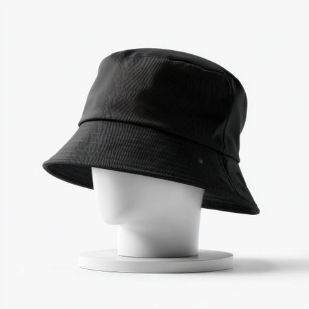 A fashionable black bucket hat displayed on a sleek mannequin head against a clean white background. Perfect for showcasing modern headwear trends.の素材