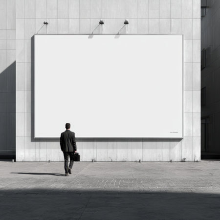 A solitary man stands beneath a large empty billboard in an urban setting, showcasing the stark contrast and minimalism of modern architecture.の素材