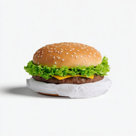 A mouthwatering burger featuring a fluffy sesame bun, fresh lettuce, and melted cheese, perfect for showcasing culinary delight and food appeal.の素材