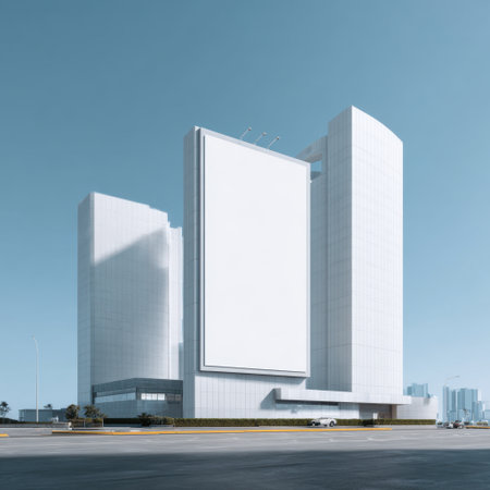 A striking image of a modern commercial building showcasing a minimalist architectural style and a blank billboard for potential advertisement use.の素材