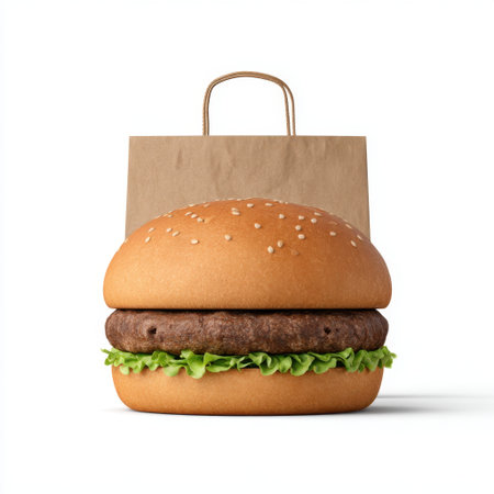 Enjoy a visually appealing hamburger featuring fresh lettuce and a sesame seed bun, presented in a rustic paper bag for a delightful dining experience.の素材