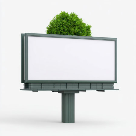 A minimalist outdoor billboard surrounded by lush greenery, ideal for advertising. The empty space invites creativity for promotional messages and designs.の素材