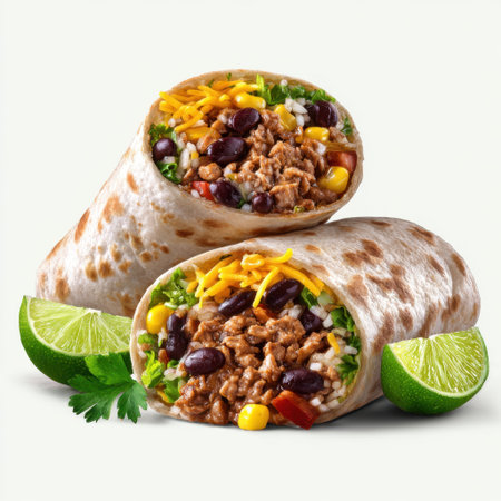 A vibrant burrito packed with seasoned meat, black beans, rice, corn, cheese, and fresh vegetables, served with zesty lime wedges for a tasty meal.の素材