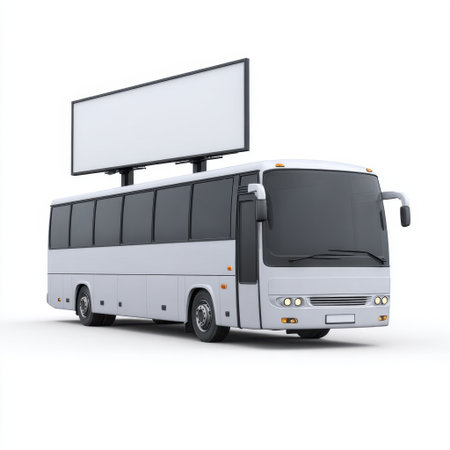 A white bus featuring a blank billboard on the roof, perfect for showcasing advertisements or as a transport solution in urban settings.の素材