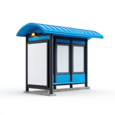 This image depicts a modern bus shelter featuring a blue roof and clear panels, designed for urban environments to enhance commuter convenience and safety.の素材