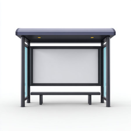 This image showcases a modern bus shelter featuring a blank advertising panel, designed for urban environments and convenient public transport access.の素材