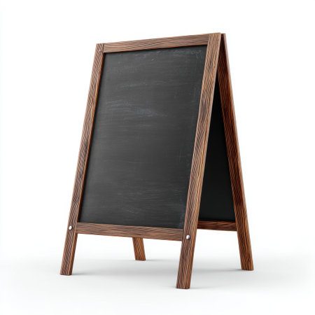 This stylish wooden A-frame chalkboard stand offers a perfect blank canvas for messages, menus, and announcements, enhancing any space's decor.の素材