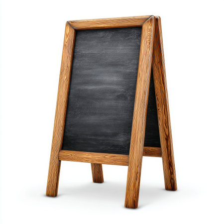 This wooden chalkboard sign features a classic A-frame design, perfect for displaying menus or promotions. Ideal for cafの素材