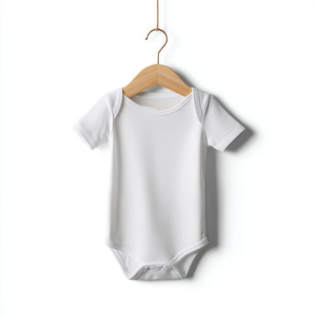 A simple white baby onesie displayed on a wooden hanger against a plain background. This minimalist image highlights the garment's soft texture and design.の素材