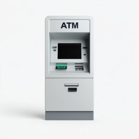 A modern ATM machine designed for ease of use in banking and financial transactions, featuring a sleek and minimalist aesthetic on a white background.の素材