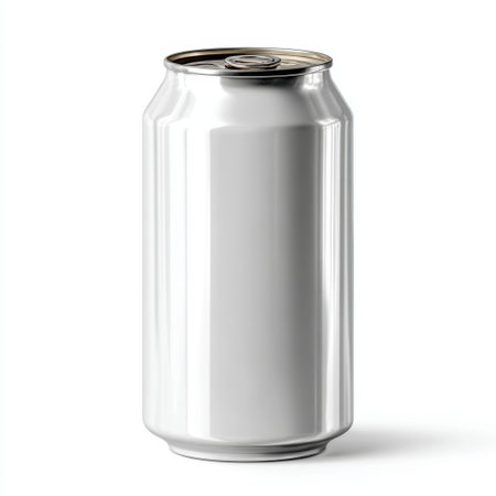 This image features a clean, empty aluminum can with a shiny metallic surface, ideal for customization and marketing purposes in packaging design.の素材
