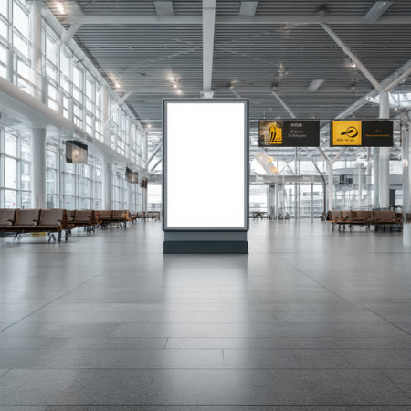 A spacious airport terminal featuring an empty digital advertising display, surrounded by modern architecture and comfortable waiting areas, perfect for travel-related imagery.の素材