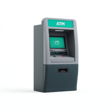 This image features a standalone ATM machine designed for cash withdrawals and balance inquiries, showcasing a modern and user-friendly interface.の素材