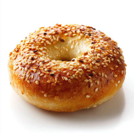 This image features a freshly baked sesame bagel with a golden brown crust and a soft, fluffy interior. Ideal for breakfast, snacks, or gourmet food presentations.の素材